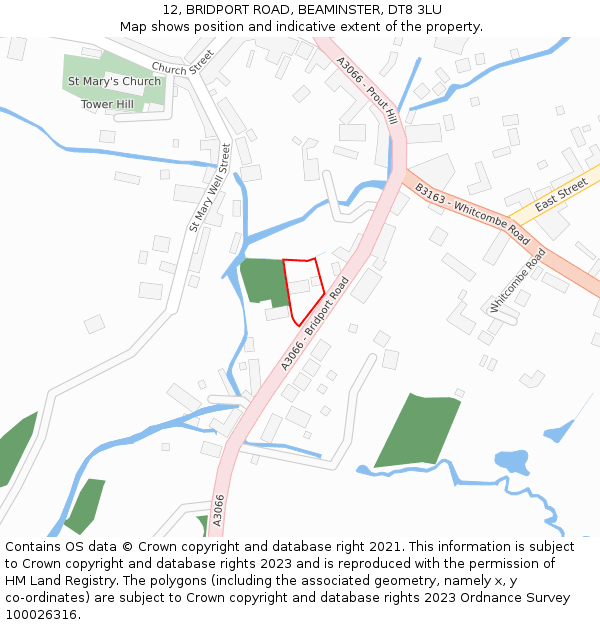 12, BRIDPORT ROAD, BEAMINSTER, DT8 3LU: Location map and indicative extent of plot