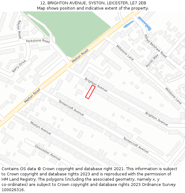 12, BRIGHTON AVENUE, SYSTON, LEICESTER, LE7 2EB: Location map and indicative extent of plot