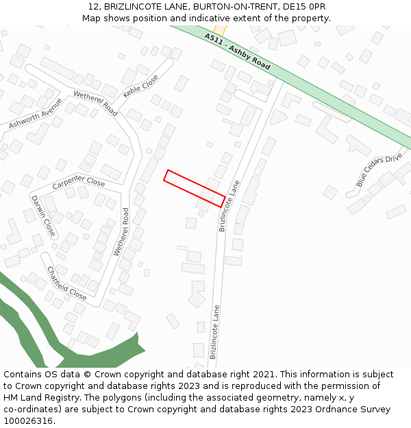 12, BRIZLINCOTE LANE, BURTON-ON-TRENT, DE15 0PR: Location map and indicative extent of plot