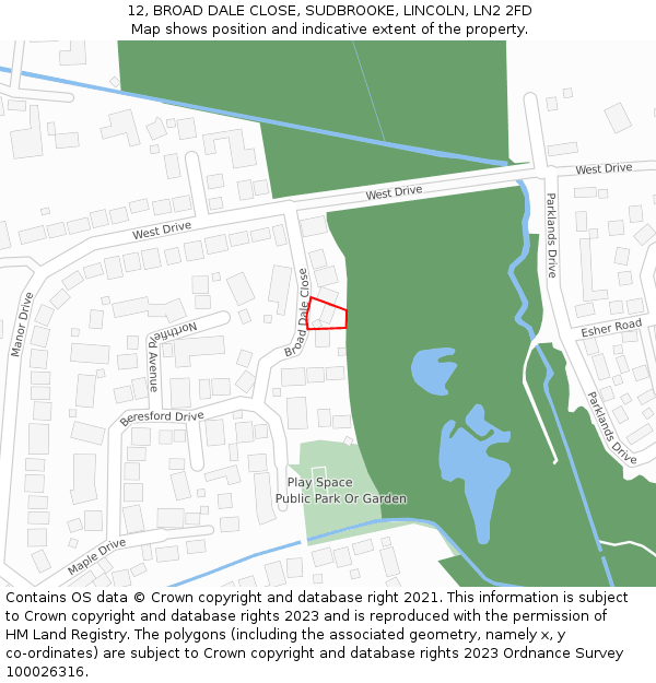 12, BROAD DALE CLOSE, SUDBROOKE, LINCOLN, LN2 2FD: Location map and indicative extent of plot