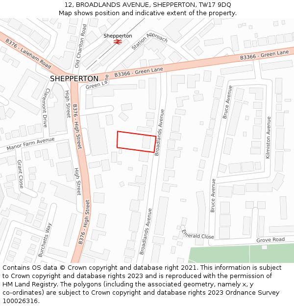 12, BROADLANDS AVENUE, SHEPPERTON, TW17 9DQ: Location map and indicative extent of plot