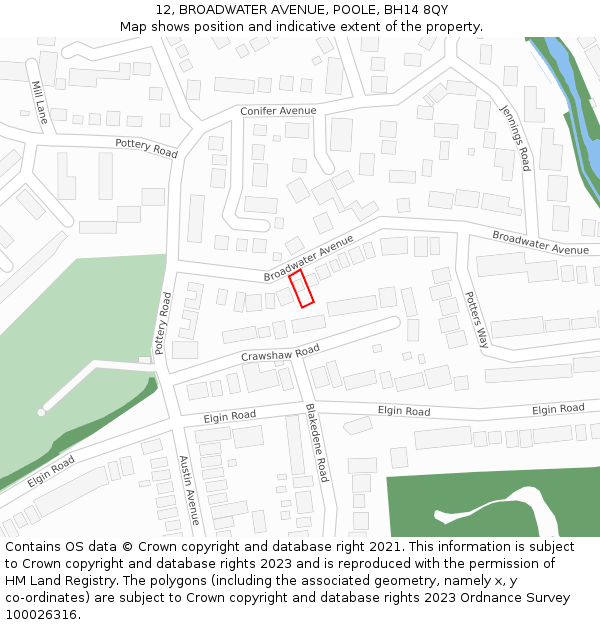 12, BROADWATER AVENUE, POOLE, BH14 8QY: Location map and indicative extent of plot