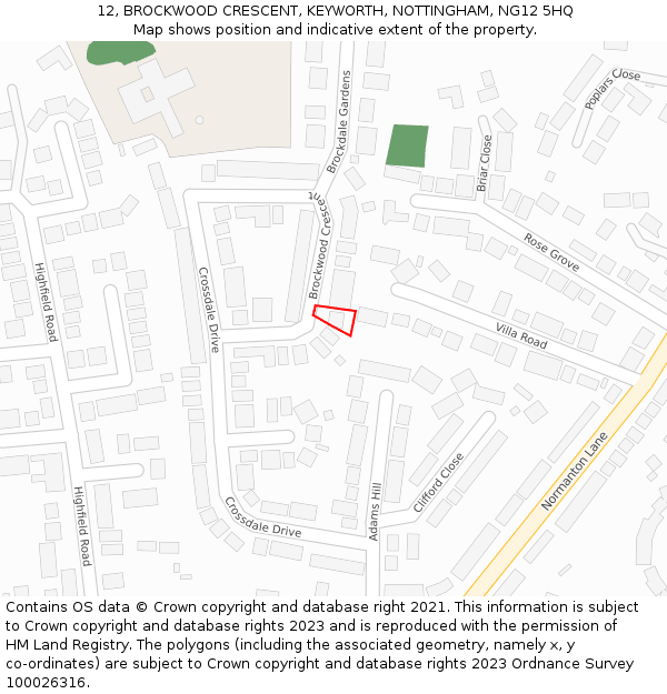 12, BROCKWOOD CRESCENT, KEYWORTH, NOTTINGHAM, NG12 5HQ: Location map and indicative extent of plot