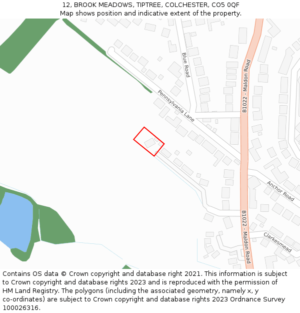 12, BROOK MEADOWS, TIPTREE, COLCHESTER, CO5 0QF: Location map and indicative extent of plot