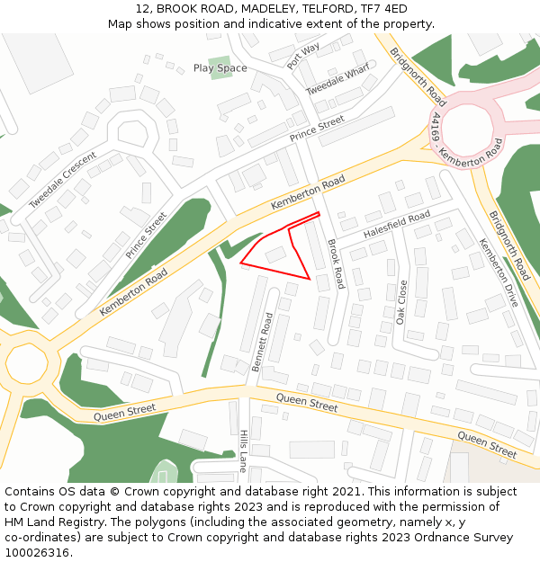 12, BROOK ROAD, MADELEY, TELFORD, TF7 4ED: Location map and indicative extent of plot