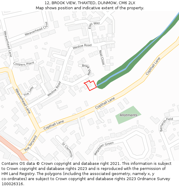12, BROOK VIEW, THAXTED, DUNMOW, CM6 2LX: Location map and indicative extent of plot