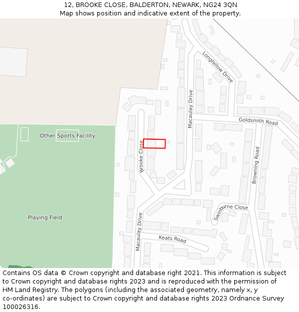 12, BROOKE CLOSE, BALDERTON, NEWARK, NG24 3QN: Location map and indicative extent of plot