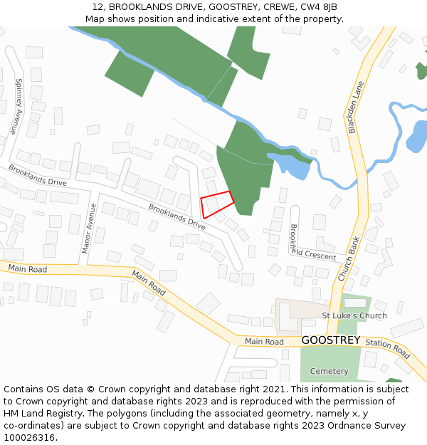 12, BROOKLANDS DRIVE, GOOSTREY, CREWE, CW4 8JB: Location map and indicative extent of plot