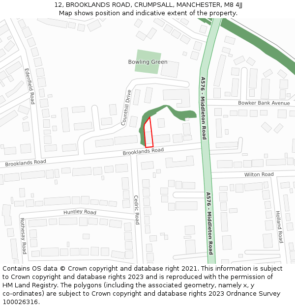 12, BROOKLANDS ROAD, CRUMPSALL, MANCHESTER, M8 4JJ: Location map and indicative extent of plot