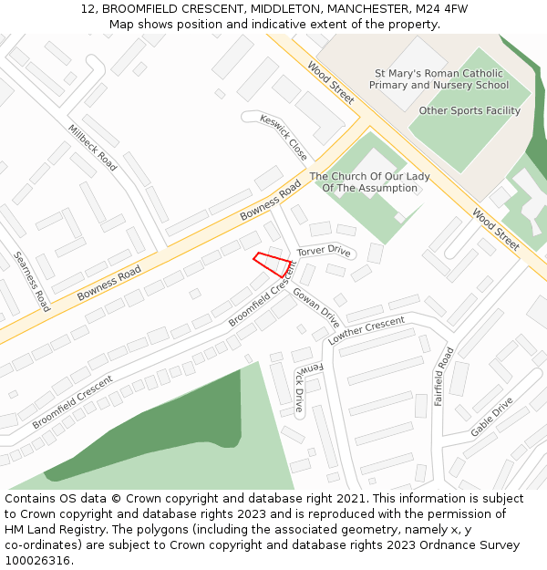 12, BROOMFIELD CRESCENT, MIDDLETON, MANCHESTER, M24 4FW: Location map and indicative extent of plot