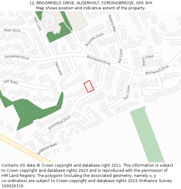 12, BROOMFIELD DRIVE, ALDERHOLT, FORDINGBRIDGE, SP6 3HY: Location map and indicative extent of plot