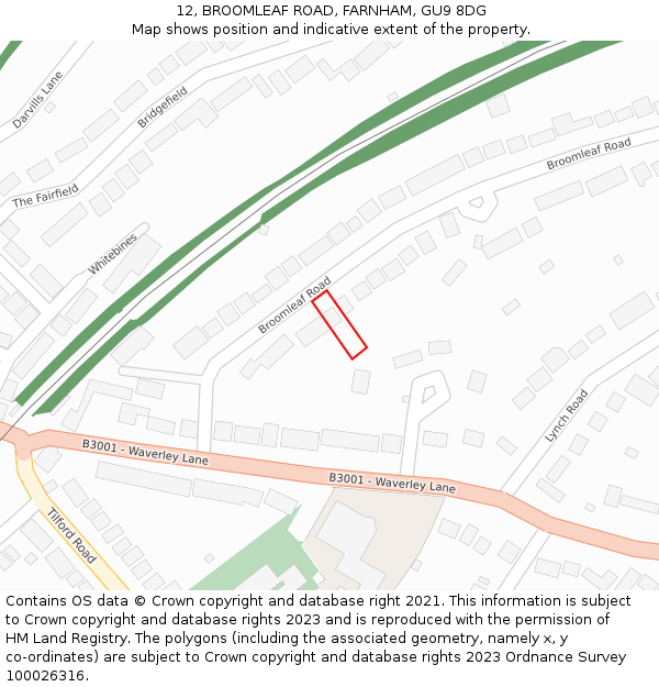 12, BROOMLEAF ROAD, FARNHAM, GU9 8DG: Location map and indicative extent of plot