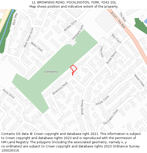 12, BROWNING ROAD, POCKLINGTON, YORK, YO42 2GL: Location map and indicative extent of plot