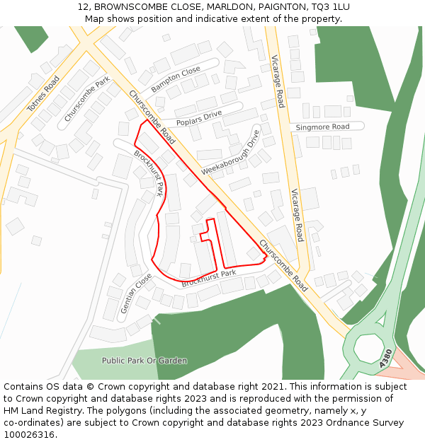 12, BROWNSCOMBE CLOSE, MARLDON, PAIGNTON, TQ3 1LU: Location map and indicative extent of plot
