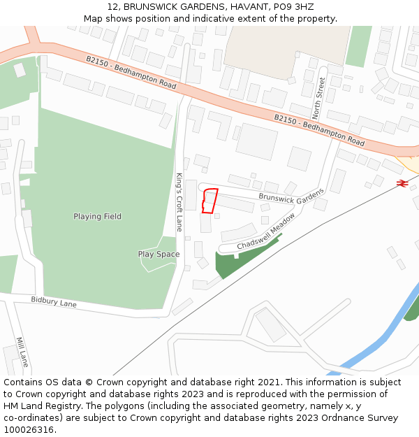 12, BRUNSWICK GARDENS, HAVANT, PO9 3HZ: Location map and indicative extent of plot