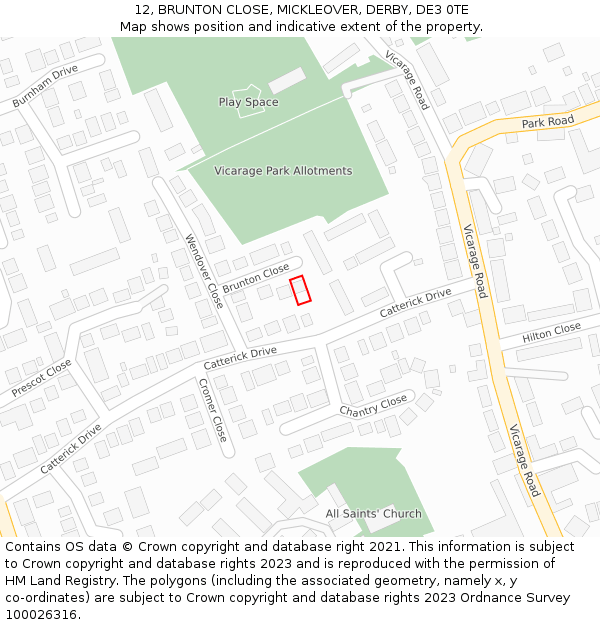 12, BRUNTON CLOSE, MICKLEOVER, DERBY, DE3 0TE: Location map and indicative extent of plot