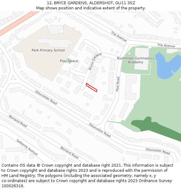 12, BRYCE GARDENS, ALDERSHOT, GU11 3SZ: Location map and indicative extent of plot