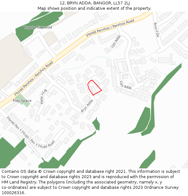 12, BRYN ADDA, BANGOR, LL57 2LJ: Location map and indicative extent of plot