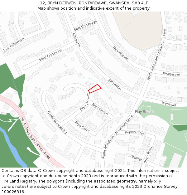 12, BRYN DERWEN, PONTARDAWE, SWANSEA, SA8 4LF: Location map and indicative extent of plot
