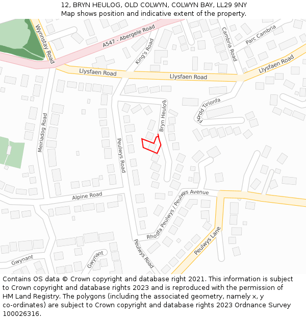 12, BRYN HEULOG, OLD COLWYN, COLWYN BAY, LL29 9NY: Location map and indicative extent of plot
