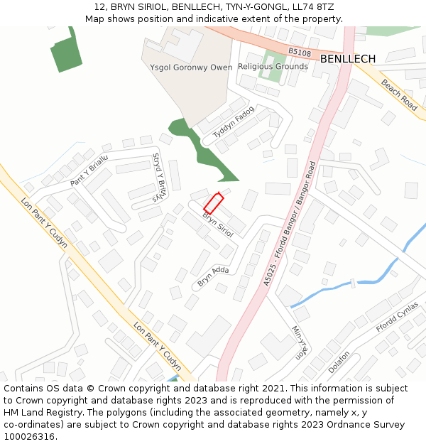 12, BRYN SIRIOL, BENLLECH, TYN-Y-GONGL, LL74 8TZ: Location map and indicative extent of plot