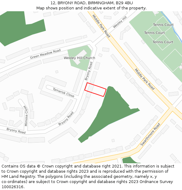 12, BRYONY ROAD, BIRMINGHAM, B29 4BU: Location map and indicative extent of plot