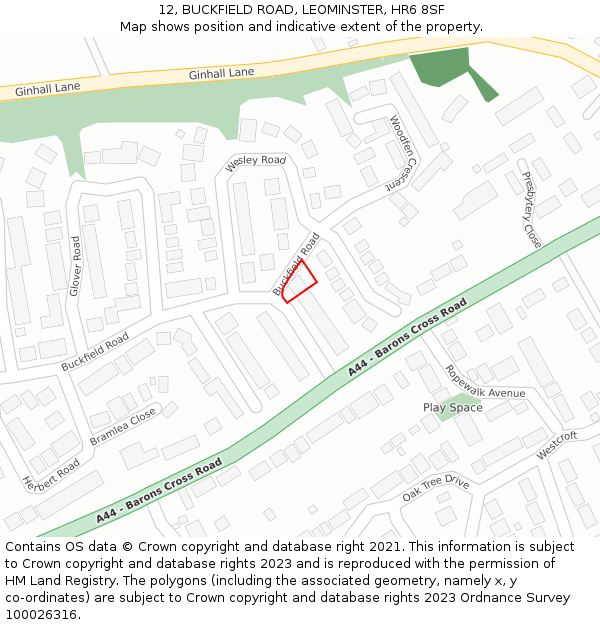 12, BUCKFIELD ROAD, LEOMINSTER, HR6 8SF: Location map and indicative extent of plot
