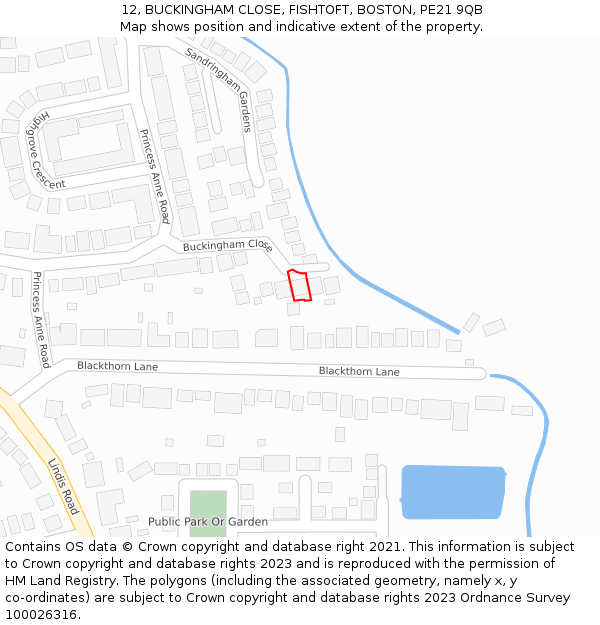 12, BUCKINGHAM CLOSE, FISHTOFT, BOSTON, PE21 9QB: Location map and indicative extent of plot