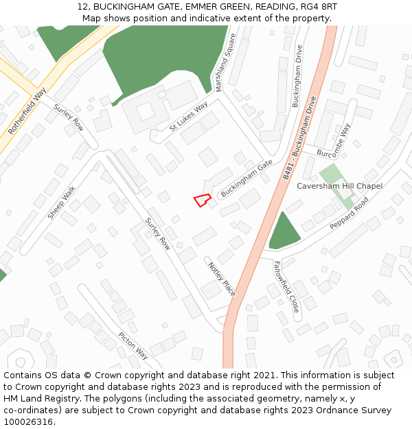 12, BUCKINGHAM GATE, EMMER GREEN, READING, RG4 8RT: Location map and indicative extent of plot