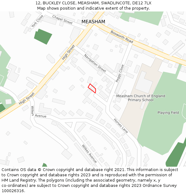 12, BUCKLEY CLOSE, MEASHAM, SWADLINCOTE, DE12 7LX: Location map and indicative extent of plot