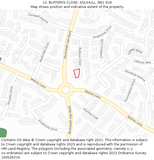 12, BUFFERYS CLOSE, SOLIHULL, B91 3UX: Location map and indicative extent of plot