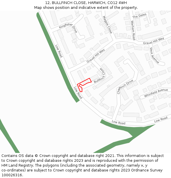 12, BULLFINCH CLOSE, HARWICH, CO12 4WH: Location map and indicative extent of plot