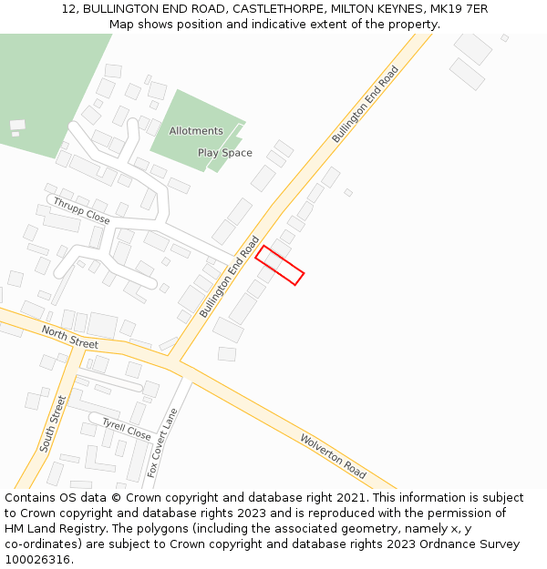 12, BULLINGTON END ROAD, CASTLETHORPE, MILTON KEYNES, MK19 7ER: Location map and indicative extent of plot