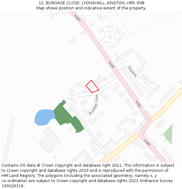 12, BURGAGE CLOSE, LYONSHALL, KINGTON, HR5 3NB: Location map and indicative extent of plot
