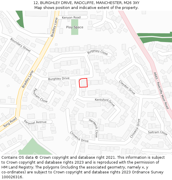 12, BURGHLEY DRIVE, RADCLIFFE, MANCHESTER, M26 3XY: Location map and indicative extent of plot