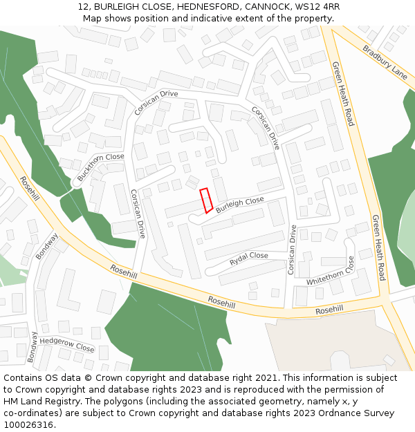 12, BURLEIGH CLOSE, HEDNESFORD, CANNOCK, WS12 4RR: Location map and indicative extent of plot