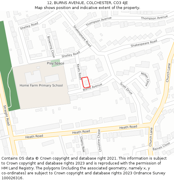 12, BURNS AVENUE, COLCHESTER, CO3 4JE: Location map and indicative extent of plot