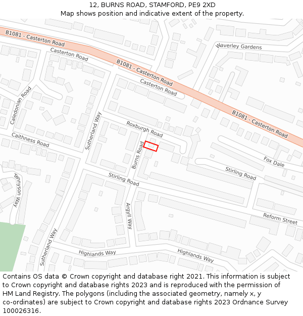 12, BURNS ROAD, STAMFORD, PE9 2XD: Location map and indicative extent of plot