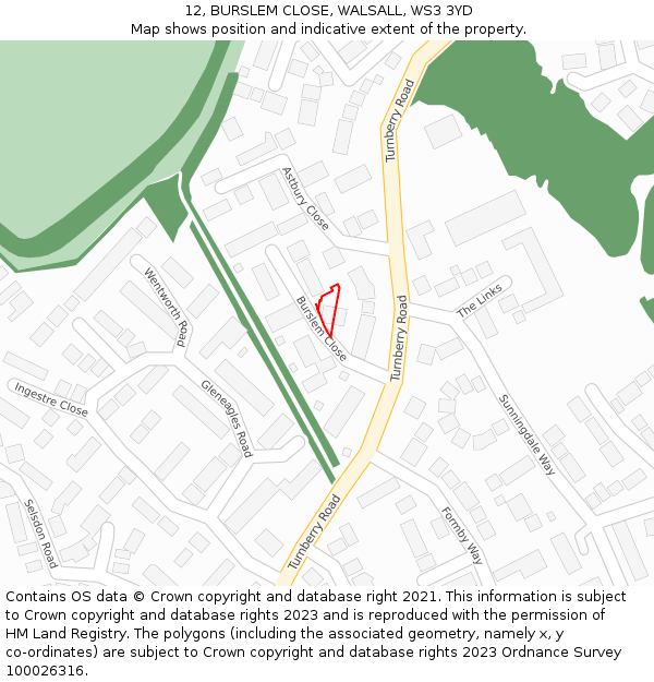 12, BURSLEM CLOSE, WALSALL, WS3 3YD: Location map and indicative extent of plot