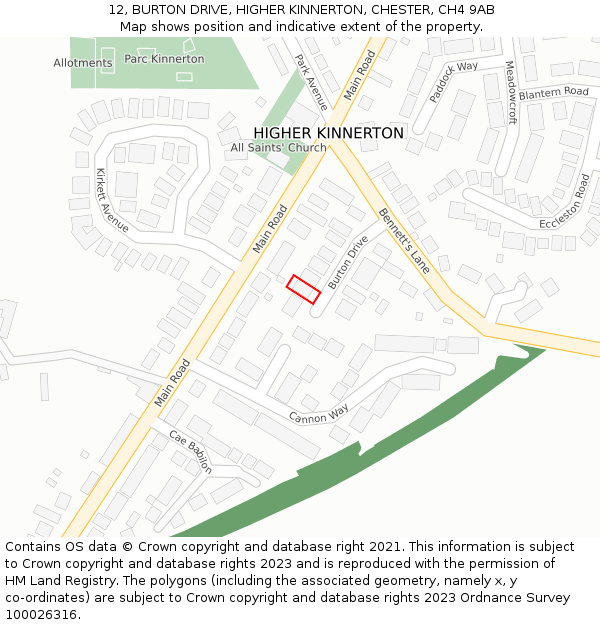 12, BURTON DRIVE, HIGHER KINNERTON, CHESTER, CH4 9AB: Location map and indicative extent of plot