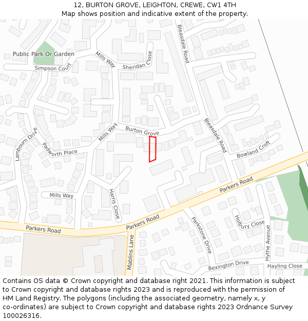 12, BURTON GROVE, LEIGHTON, CREWE, CW1 4TH: Location map and indicative extent of plot