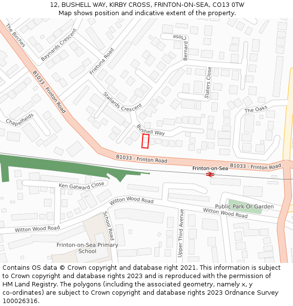 12, BUSHELL WAY, KIRBY CROSS, FRINTON-ON-SEA, CO13 0TW: Location map and indicative extent of plot