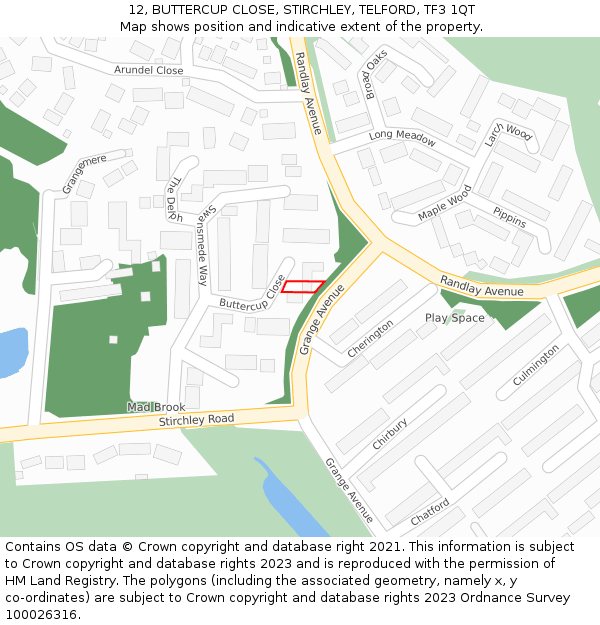12, BUTTERCUP CLOSE, STIRCHLEY, TELFORD, TF3 1QT: Location map and indicative extent of plot