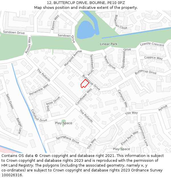 12, BUTTERCUP DRIVE, BOURNE, PE10 0PZ: Location map and indicative extent of plot