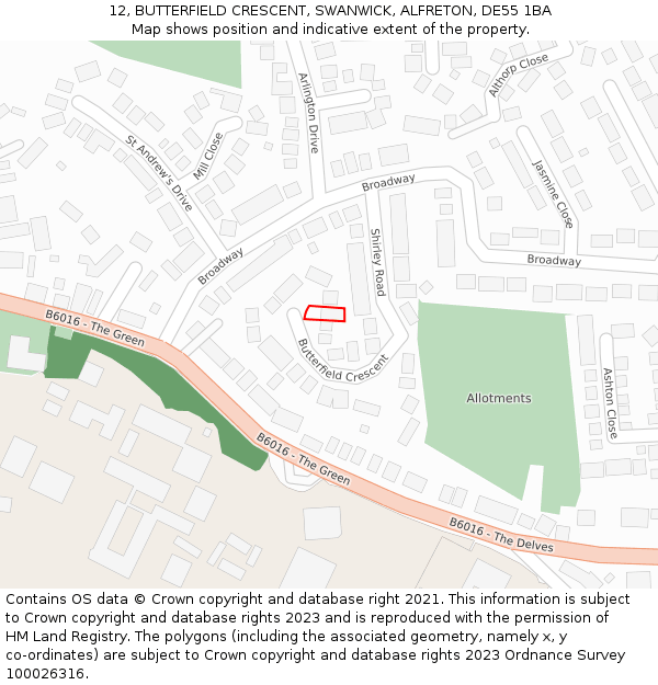 12, BUTTERFIELD CRESCENT, SWANWICK, ALFRETON, DE55 1BA: Location map and indicative extent of plot