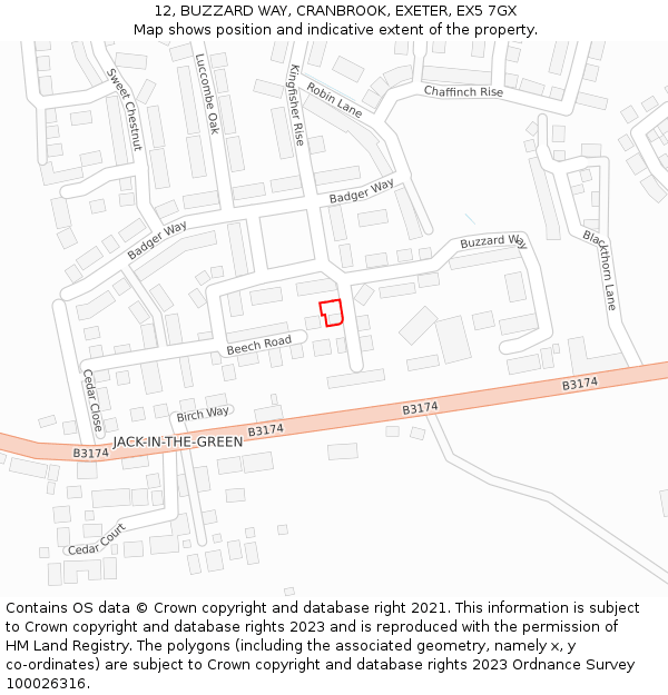 12, BUZZARD WAY, CRANBROOK, EXETER, EX5 7GX: Location map and indicative extent of plot