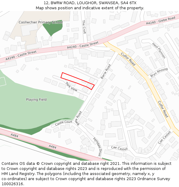 12, BWRW ROAD, LOUGHOR, SWANSEA, SA4 6TX: Location map and indicative extent of plot