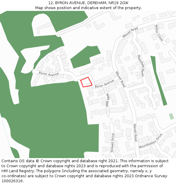 12, BYRON AVENUE, DEREHAM, NR19 2GW: Location map and indicative extent of plot