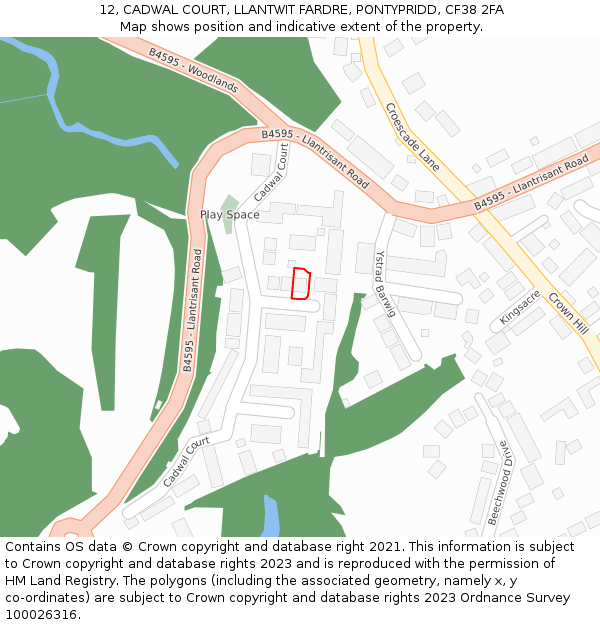 12, CADWAL COURT, LLANTWIT FARDRE, PONTYPRIDD, CF38 2FA: Location map and indicative extent of plot