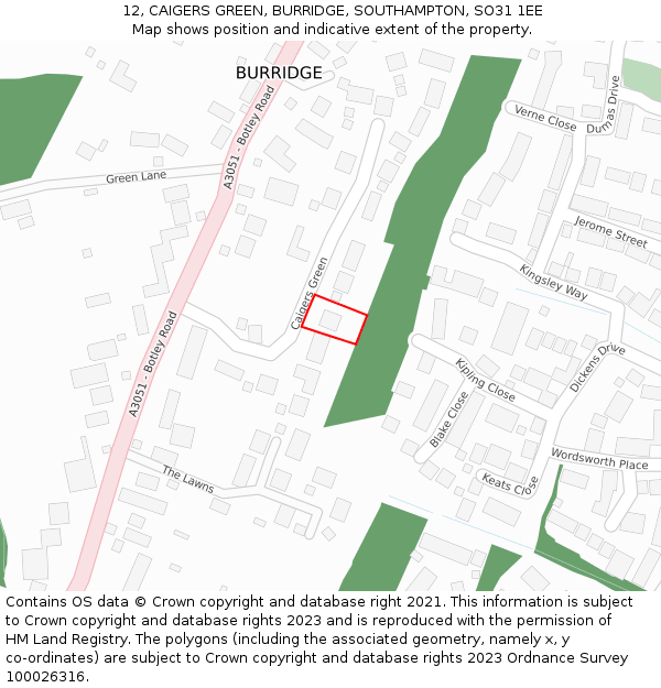 12, CAIGERS GREEN, BURRIDGE, SOUTHAMPTON, SO31 1EE: Location map and indicative extent of plot